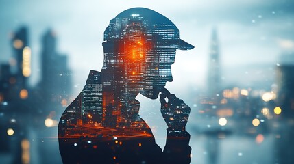 Aufkleber - Pensive construction worker silhouette interwoven with illuminated city skyline reflects future : Generative AI