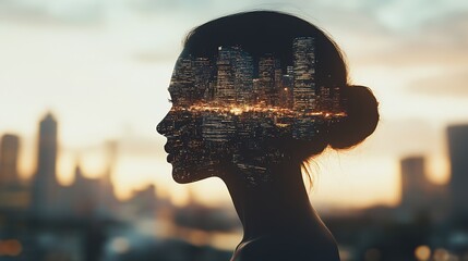 Aufkleber - Double exposure silhouette of woman with cityscape at sunset showcasing modern urban lifestyle : Generative AI