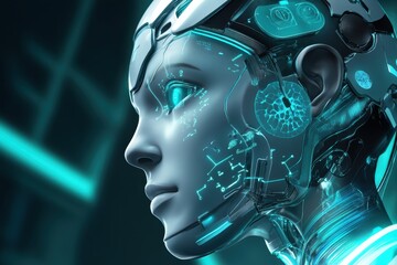 Poster - Futuristic humanoid robot with glowing technology details in a cybernetic environment