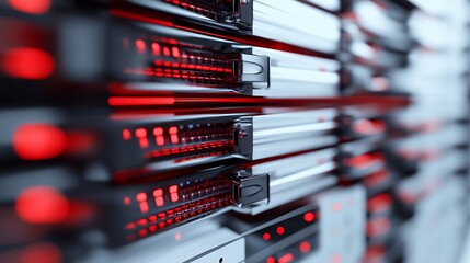 Fototapete - High Tech Data Processing Server Glow with Red LED in Modern Data Center : Generative AI