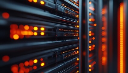 Fototapete - Advanced data center servers glowing with soft orange LEDs for modern business technology solutions. : Generative AI