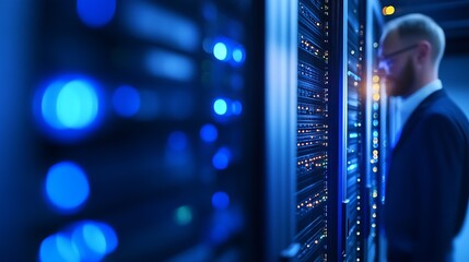 Poster - IT specialist inspecting server in blue-lit data center : Generative AI