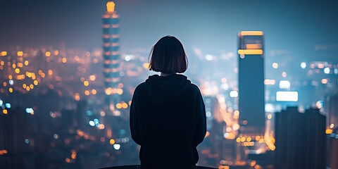 Aufkleber - Solitary Figure Gazing at Vibrant Cityscape from Rooftop at Night : Generative AI