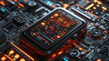 Poster - Futuristic device with digital interface on a complex circuit board.