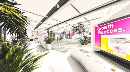 Poster - Modern bright office interior with plants and growth success signage.