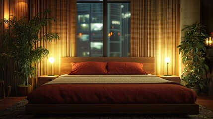 Canvas Print - Modern City Night Bedroom Interior Design