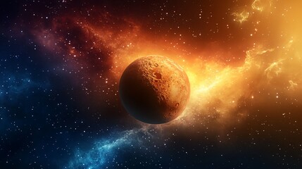 Wall Mural - a large planet is floating in space with a bright orange and blue sky
