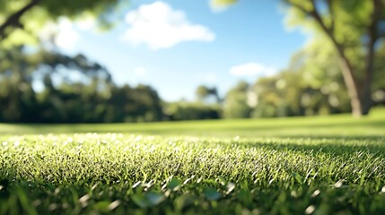 Canvas Print - Close Up of Dewy Grass Blades in Meadow Beneath Sunny Blue Sky : Generative AI