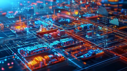 Poster - Digital visualization of global supply chain, logistics, and transportation network with data analytics.