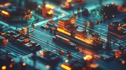 Poster - Digital illustration of a cargo port with container ships and trucks.