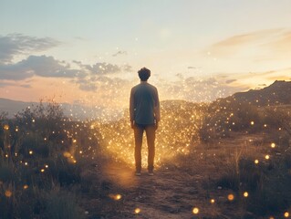 Aufkleber - A Solitary Figure Contemplating Nature at Dusk Surrounded by Glowing Particles, Evoking a Sense of Wonder and Connection to the Universe in a Scenic Landscape