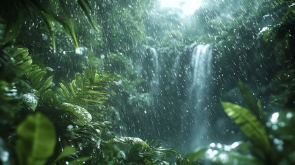 Wall Mural - Majestic waterfalls surrounded by lush green foliage in a tropical rainforest setting