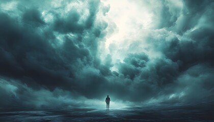 Poster - A solitary figure stands amidst dark and moody storm clouds, creating an atmosphere of mystery and contemplation in a surreal landscape of light and shadow.