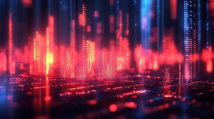 Aufkleber - Vibrant Red and Blue Digital Cityscape with Neon Light Towers in a Futuristic Cyber Landscape : Generative AI