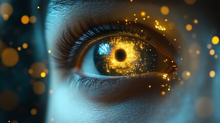 Poster - Captivating human eye with intricate golden and blue light swirls representing digital age : Generative AI