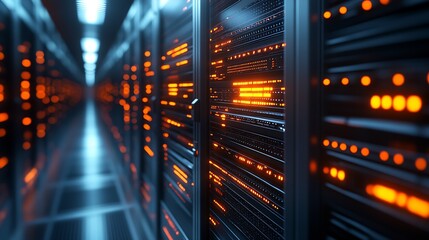 Fototapete - Advanced data center servers with glowing orange LEDs and sophisticated technology : Generative AI