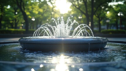 Wall Mural - Sunlit park fountain with water splashing.