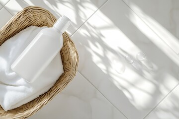 Poster - Minimalist Bathroom Decor with Soap Dispenser on Wicker Basket and Shadow Play : Generative AI