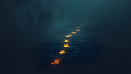 Aufkleber - Mysterious Footprints Glowing in Misty Darkness, Symbolizing Journey, Exploration, and Discovery in an Enigmatic Atmospheric Setting