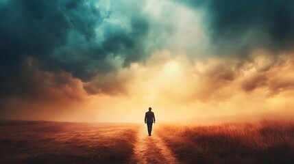 Aufkleber - Solitary Figure Walking Down a Pathway Under Dramatic Cloudy Skies at Dusk Evoking Feelings of Isolation and Reflection in a Serene Landscape