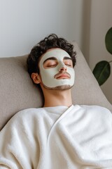 Wall Mural - A man is laying on a couch with a green face mask on his face. He is relaxed and comfortable