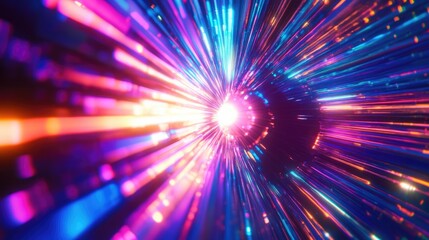 Poster - Bright beams of light explode in dynamic colors, forming an enchanting tunnel filled with energy, reminiscent of a cosmic journey
