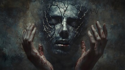 Poster - Dark and Emotional Artwork of a Fragmented Face Emerging from a Wall with Cracks, Symbolizing Internal Struggles and the Weight of Human Emotion