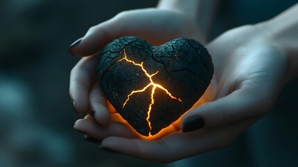 Poster - Heart-shaped Stone With Glowing Cracks Held In Hands Symbolizing Broken Love, Pain, Hope, and Healing in a Poignant Moment of Emotional Reflection
