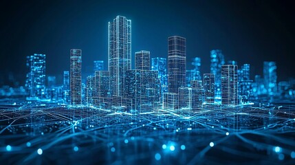 Poster - Futuristic digital city skyline with glowing network connections. (1)