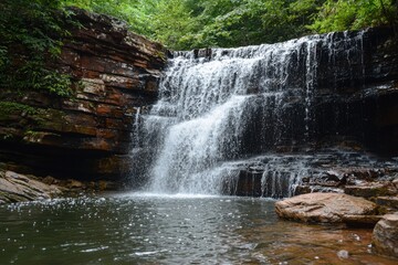 Refreshing natural waterfall cascading over rocky cliff in lush forest setting