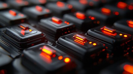 Poster - Close-up of glowing red switches on dark futuristic surface.