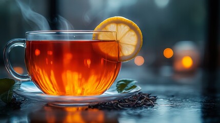 Wall Mural - Warm cup of tea with lemon slice on a cold evening by the window