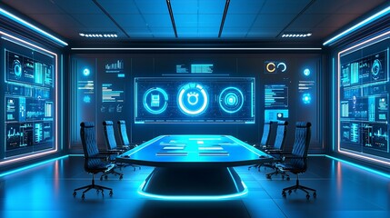 Poster - Futuristic digital control room with holographic displays and conference table.