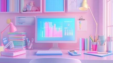 Poster - Pastel workspace with computer showing data graphs.
