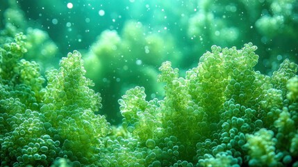 Wall Mural - Vibrant green underwater seaweed close-up.