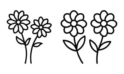 Wall Mural - Black-and-white daisy flower line drawings, Two sets of simple black-and-white line drawings of daisy flowers with stems and leaves, showcasing clean and symmetrical designs.

