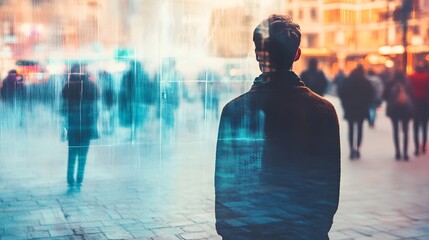 Poster - Reflective Silence in a Busy Urban Scene: Contemplative Figure Overlooks City Life with Ethereal Imagery Blurring the Lines Between Reality and Imagination