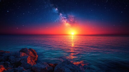 Vibrant sunset over ocean with Milky Way.