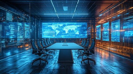 Poster - Futuristic digital conference room with world map display.
