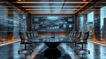 Poster - Futuristic meeting room with large screens displaying data.
