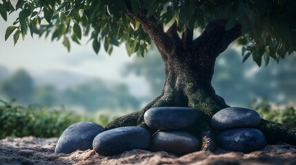Poster - Tranquil Tree with Glossy Stones in a Serene Landscape, Symbolizing Peace, Nature's Beauty, and Grounding Energy for Relaxation and Well-Being