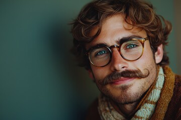 Wall Mural - Stylish young man with glasses and mustache poses warmly in cozy indoor setting