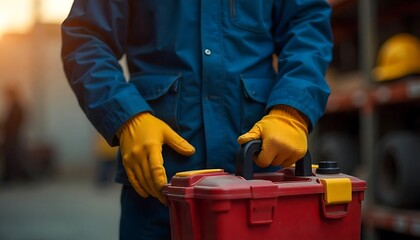 A construction worker wearing a blue jacket and yellow gloves holding a toolbox, created with generative ai