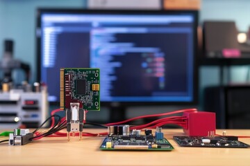 Fototapete - Circuit board development setup featuring technology in a modern workspace environment