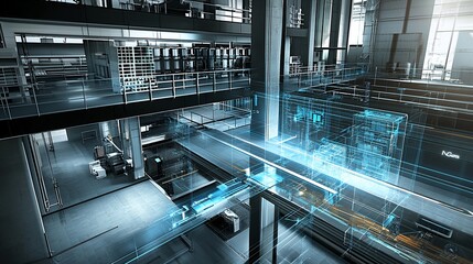 Poster - Modern factory interior with digital overlay showing automated systems and processes.