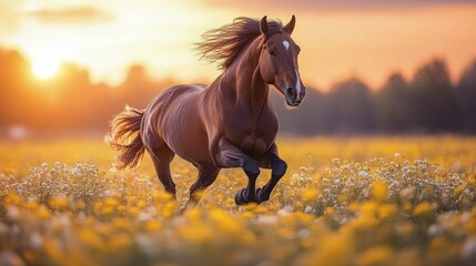 Wall Mural - Majestic white horse galloping through water against a vibrant sunset backdrop