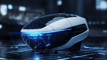 Poster - Futuristic white helmet with blue LED lights on a digital surface.