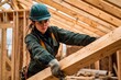 © Виталий Борковский - Determined builder works diligently on a wooden structure under a cloudy sky