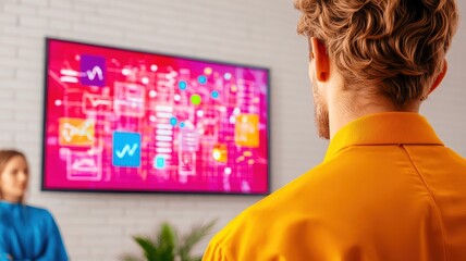Poster - A man in an orange shirt observes a vibrant digital display with colorful icons, while a woman stands nearby in a blue shirt.