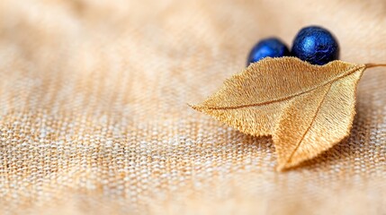 A close up of two blue berries on a gold leaf